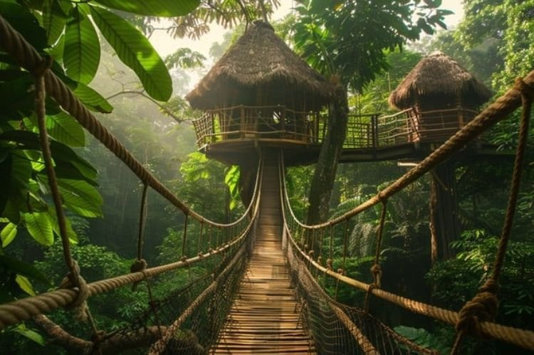 Tree House with a Swinging Bridge