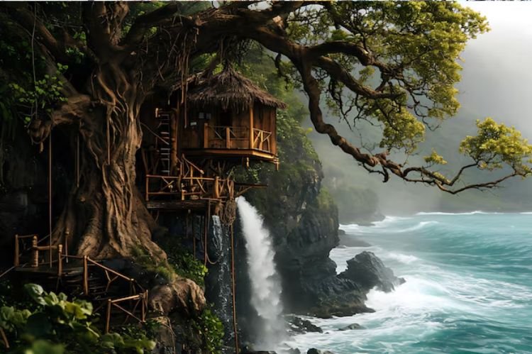 Tree House with a Water Feature